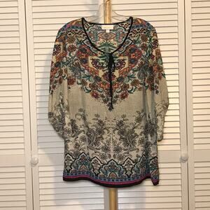 DressBarn Floral Geometric V-Neck Adjustable 3/4 Sleeve Blouse L